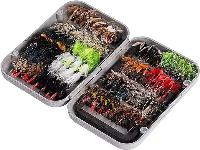 BASSDASH Fly Fishing Flies Kit Fly Assortment Trout Bass Fishing with Fly Box, 36/64/72/76/80/96pcs with Dry/Wet Flies, Nymphs, Streamers, Popper