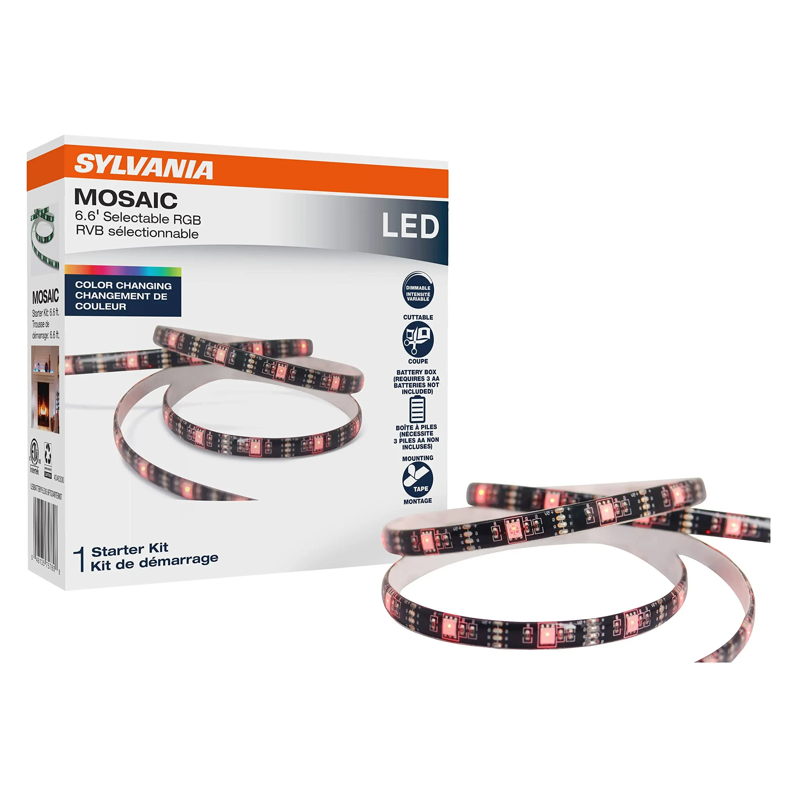 SYLVANIA 6.6ft Mosaic RGB Flexible Light Strip Starter Kit, 16 Dimmable Colors with RF Remote Control, Battery Box, Black - 1 Pack (75780)