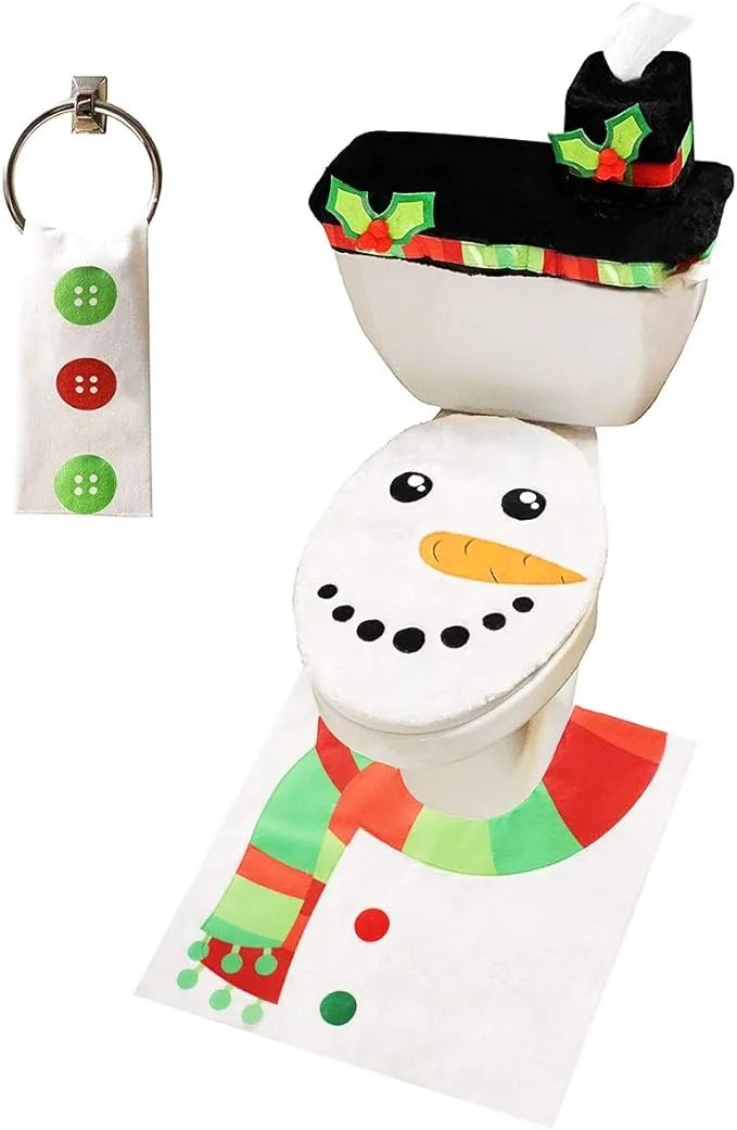 JOYIN 5 Pieces Christmas Snowman Theme Bathroom Decoration Set with Toilet Seat Cover, Rugs, Tank Cover, Toilet Paper Box Cover and Towel for Xmas Indoor Décor, Party Favors