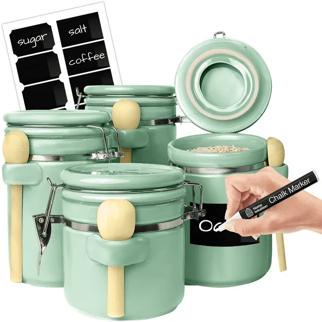 Home Intuition 4-Piece Ceramic Kitchen Canisters Set, Airtight Containers with Wooden Spoons Reusable Chalk Labels and Marker for Sugar