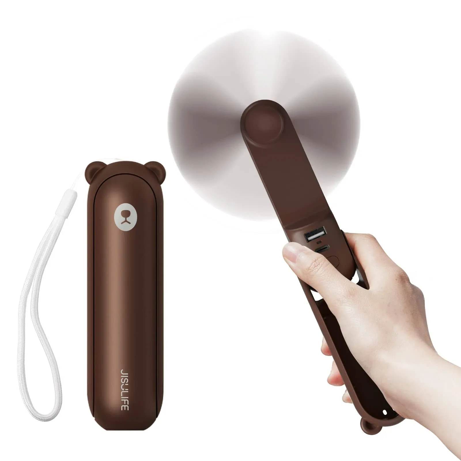 JISULIFE Handheld Fan with 4800 mAh Powerbank Max 46 Hours Runtime,Pocket Fan Portable Battery Operated 3 Speeds-Brown