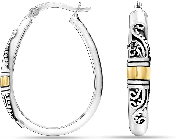 LeCalla 925 Sterling Silver Bali-Style Hoop Earrings Lightweight Click-Top Antique Two-Tone Beaded Italian Bali Style Earring Hoops for Women