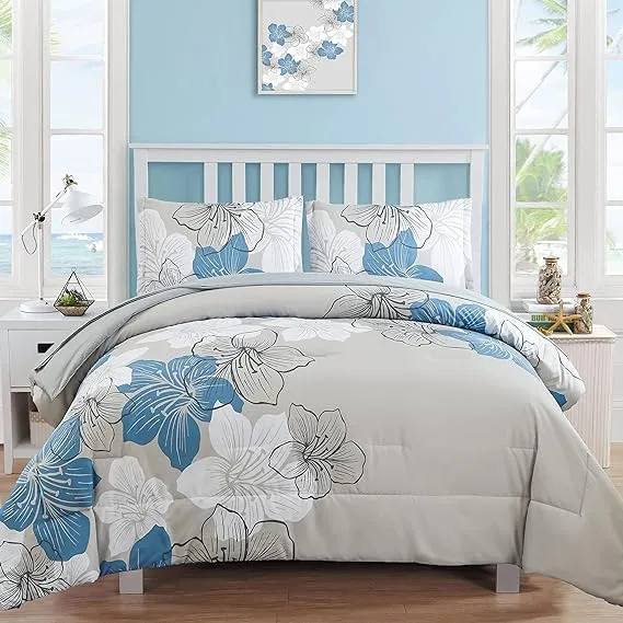 Luxudecor Blue Comforter Set King Size, 7 Pieces Bed in a Bag Blue Floral Comforter and Sheet Set, Soft Microfiber Grey Complete Bedding Sets for All Seasons