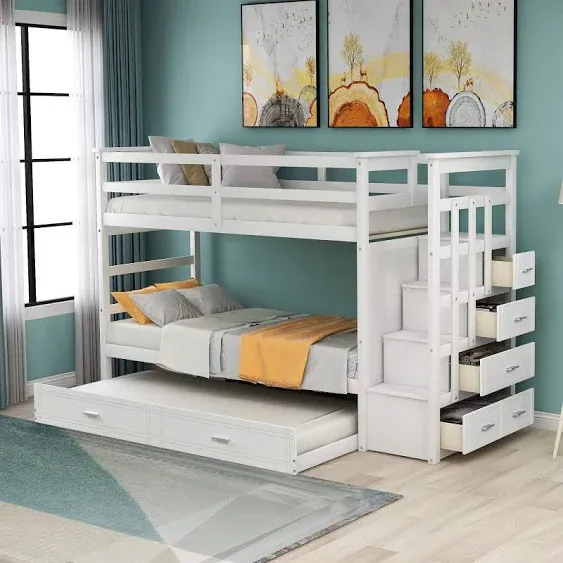 Merax Twin Over Twin Bunk Bed,Wooden Bunk Bed Frame with Trundle Storage Drawers Stairs for Kids Teens Adults,White