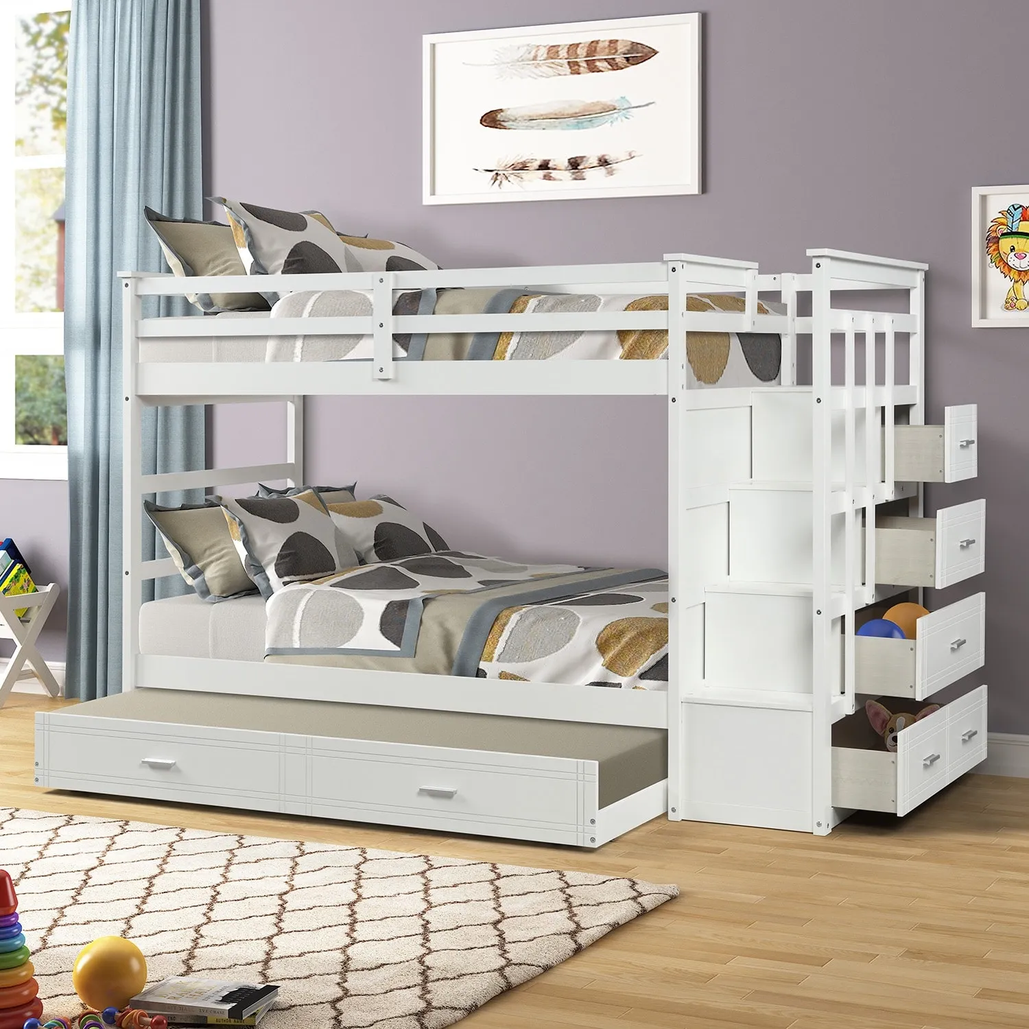 Twin Over Twin Bunk Bed with Twin Trundle and Stairs, Wood Bunk Beds with Storage Drawers and Guardrail for Kids Teens, White