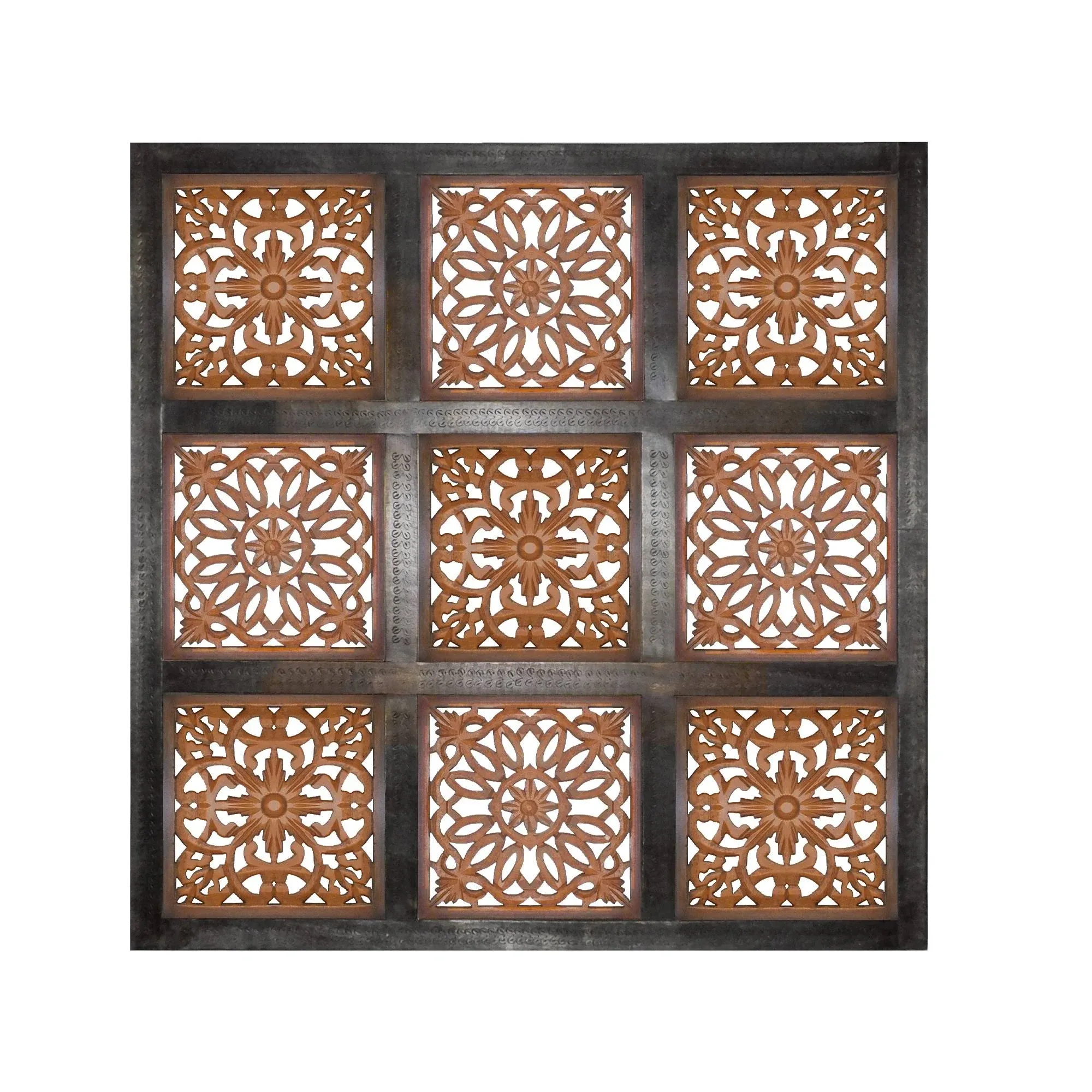 Benjara Decorative Mango Wood Wall Panel with Cutout Flower Pattern, Brown