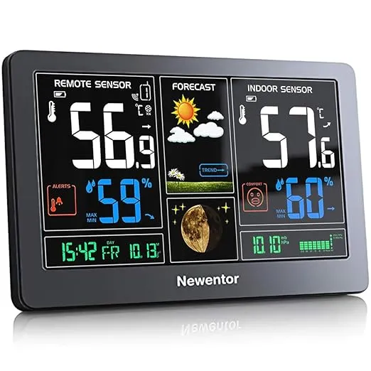 Weather Station Wireless Indoor Outdoor Thermometer, Color Display Digital Weather Thermometer with Atomic Clock, Forecast Station with Calendar and