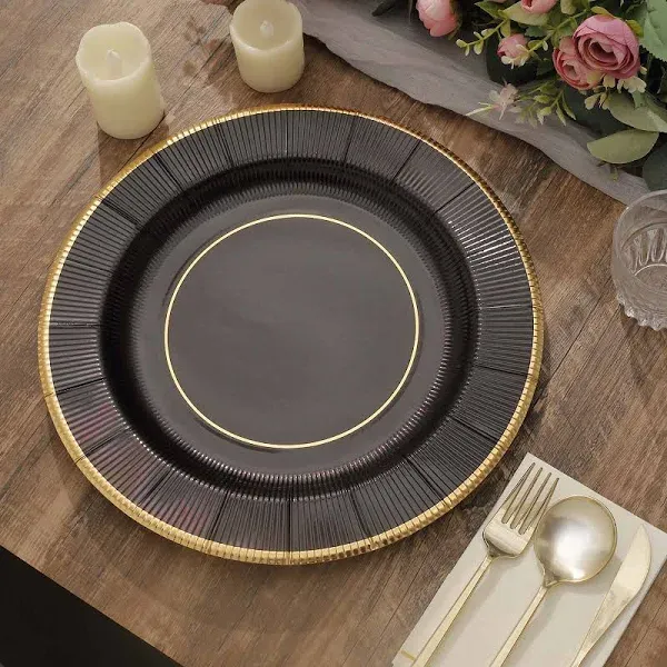 25 Pack | 13 inch Black Sunray Disposable Serving Plates, Heavy Duty Paper Charger Plates - 350 GSM