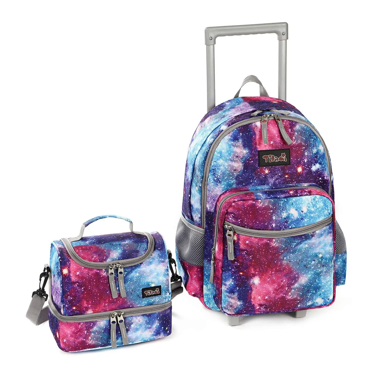 Tilami Rolling Backpack 18 inch Double Handle with Lunch Bag Wheeled Galaxy 