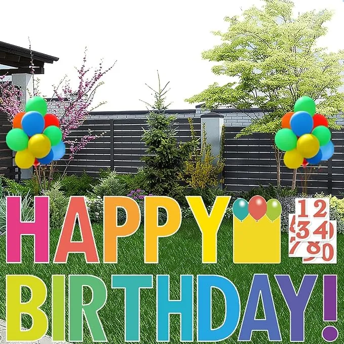 Happy Birthday Yard Sign with Stakes, Personalized Age Happy Birthday Sign with 20 Number Stickers and Balloons, Birthday Yard Lawn Signs for Happy Birthday Decorations, Rainbow Color, 15" Big Size