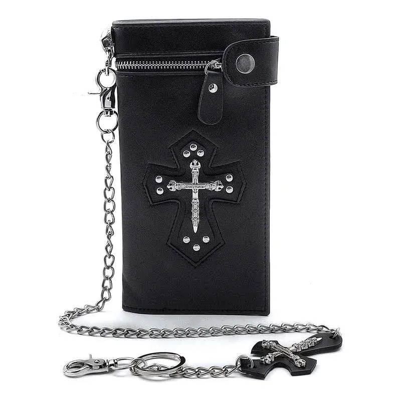 Mens Gothic Cross Clasp Leather Wallet with Antique Biker Chain Black