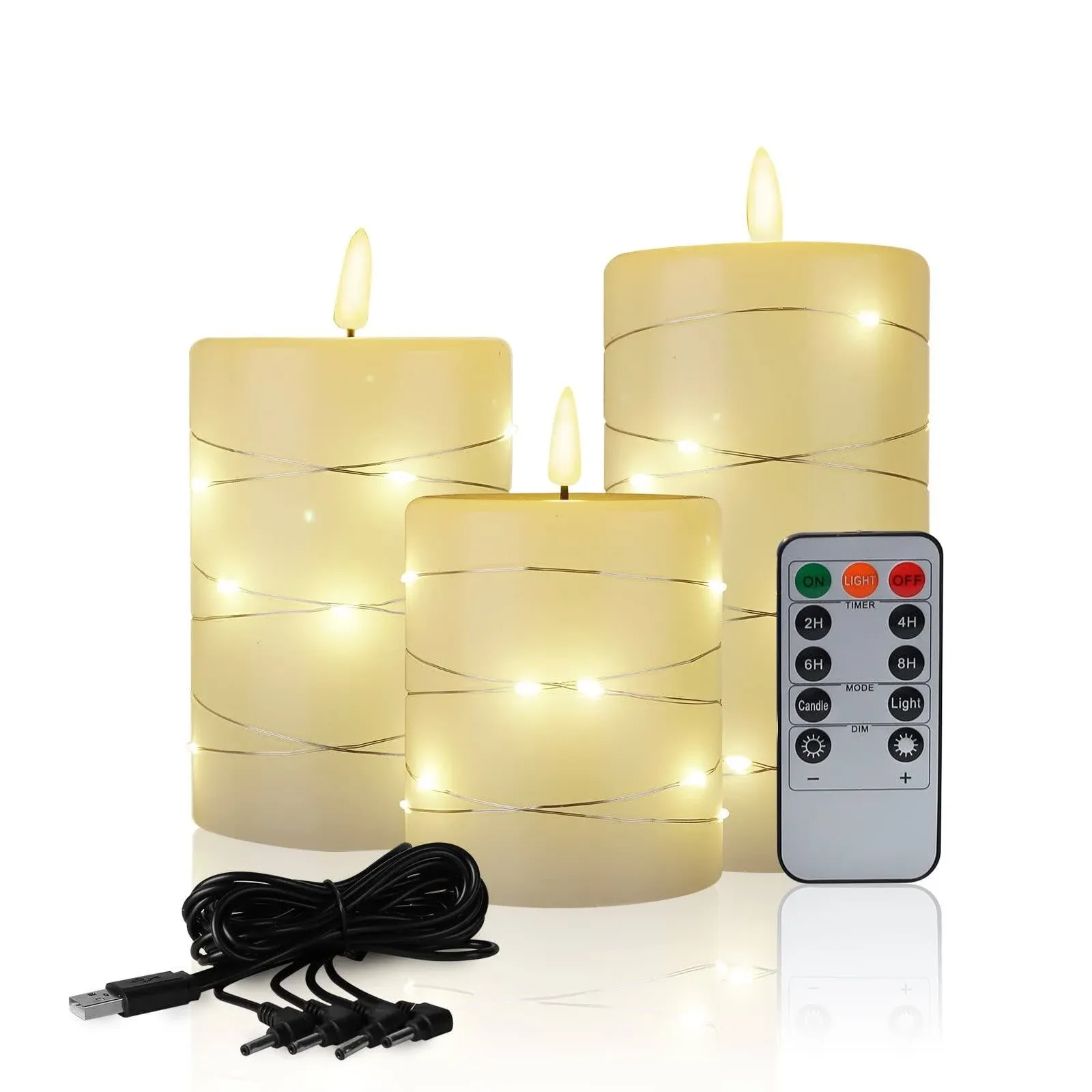  Rechargeable Flameless Candle with String Lights USB Lvory LED Candle with 