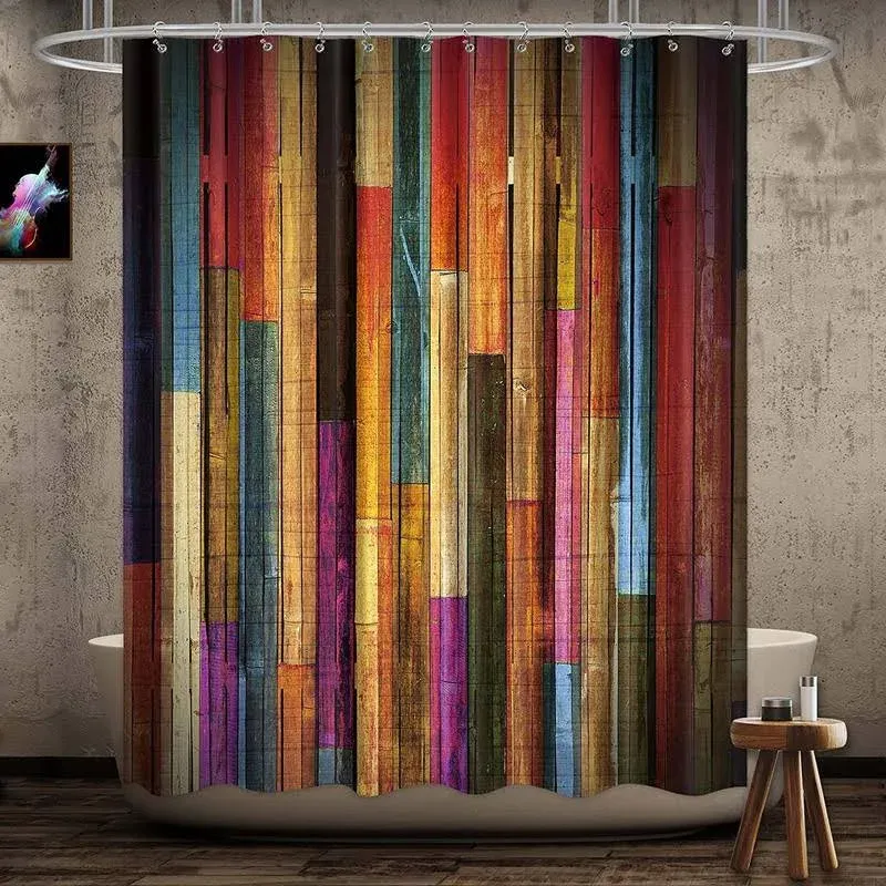 Riyidecor Colorful Painted Wood Shower Curtain 72Wx72H Inch 72Wx72H