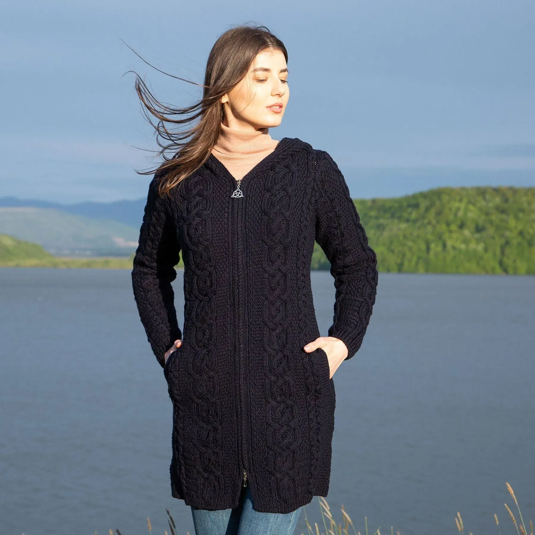 Saol 100% Merino Wool Aran Irish Cardigan for Women with Pockets, Hood and Celtic ...