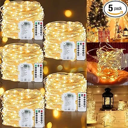 TURNMEON [ 5 Pack & Timer ] 500 LED 165 Ft Fairy Lights Decorations Copper Wire String Lights Battery Powered Christmas Tree Lights for Bedroom Wedding Indoor Outdoor Home Decor, 100 LED 33 Ft Each