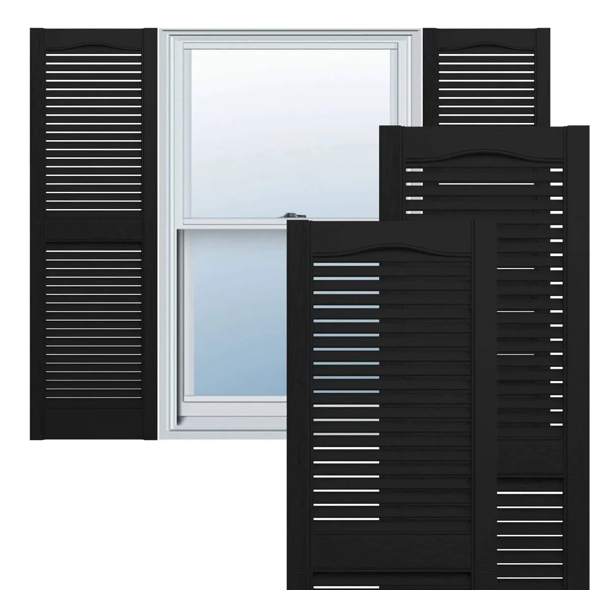 Lifetime Vinyl, Standard Cathedral Top Center Mullion, Open Louver Shutters, LL1S14X06000BL