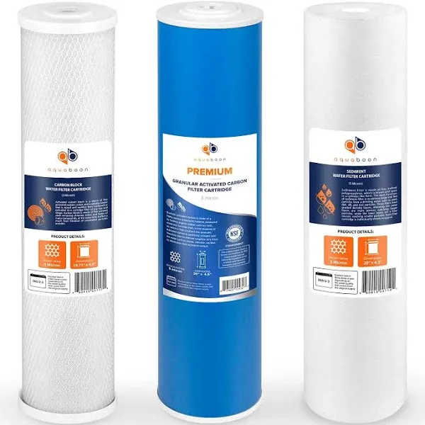 Aquaboon Whole House Water Filter Replacement Set - 5 Micron Water Filters 20 x 4.5 Inch: Sediment Filter, Granular Activated Carbon Water Filter,