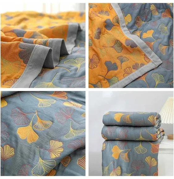 Ginkgo Quilt,Ginkgo Leaf Pattern Cotton Reversible Quilt,Super Soft Rustic Quilt,Couch Blanket,Lightweight and Breathable Summer Air Conditioning Quilt,Queen and King Size Bedding (90" WX98 L)