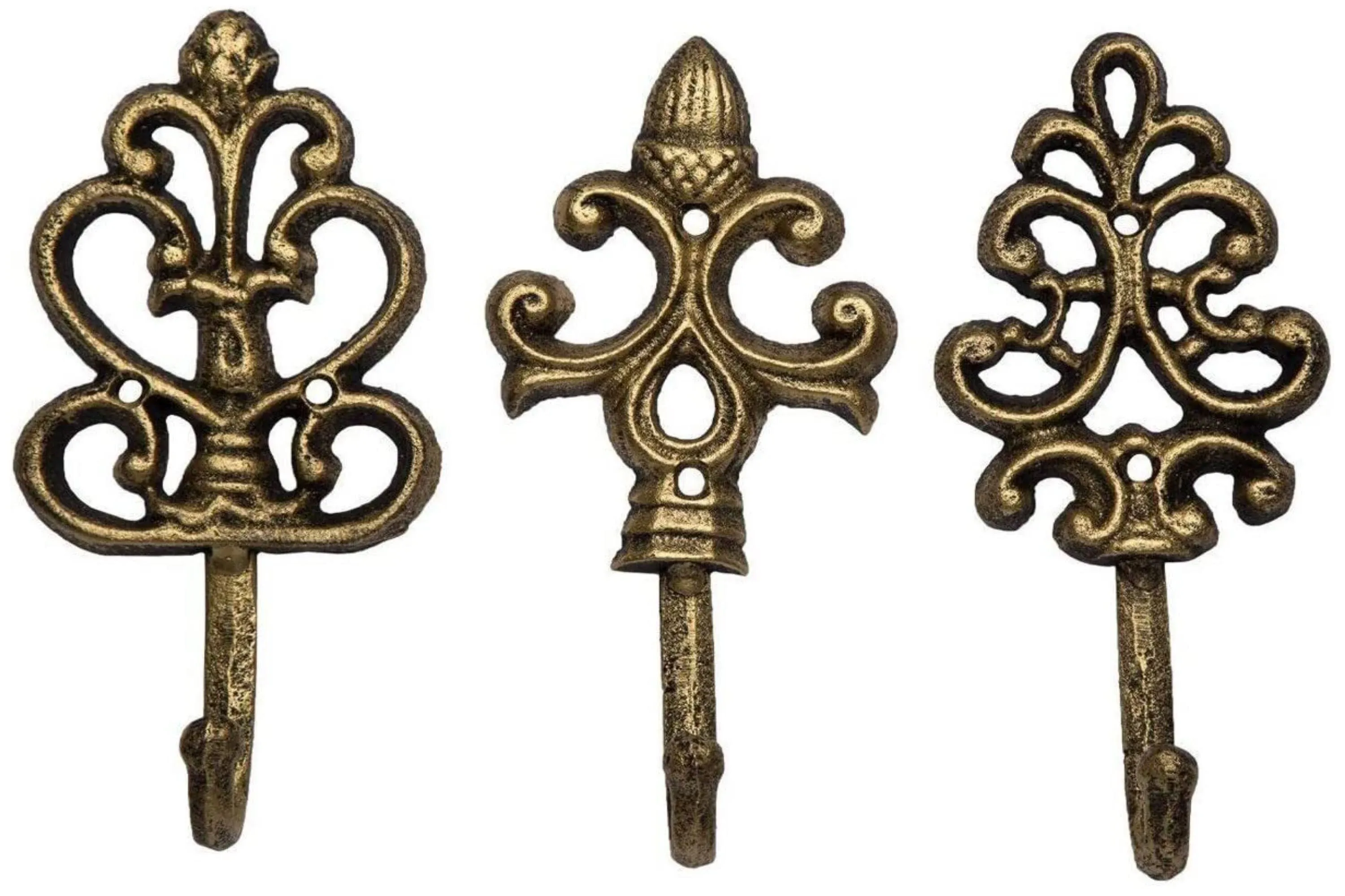 Shabby Chic Cast Iron Decorative Wall Hooks – Set of 3 Iron / Gold with Black