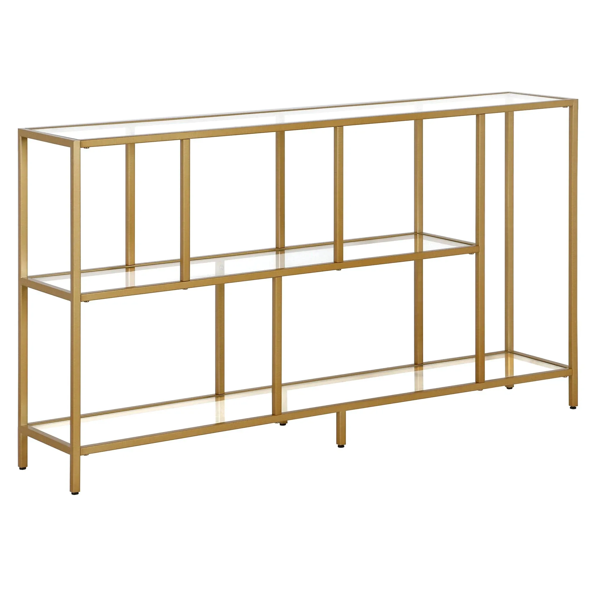 Winthrop 52" Wide Rectangular Console Table with Glass Shelves in Brass