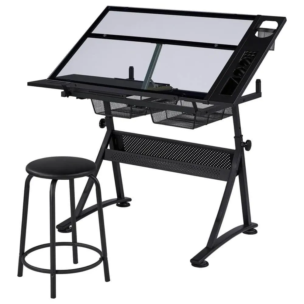 Topeakmart Height Adjustable Glass Drafting Table Multifunctional Arts and Craft Table Drawing Table Painting Table Writing Workstation with Stool & Drawers