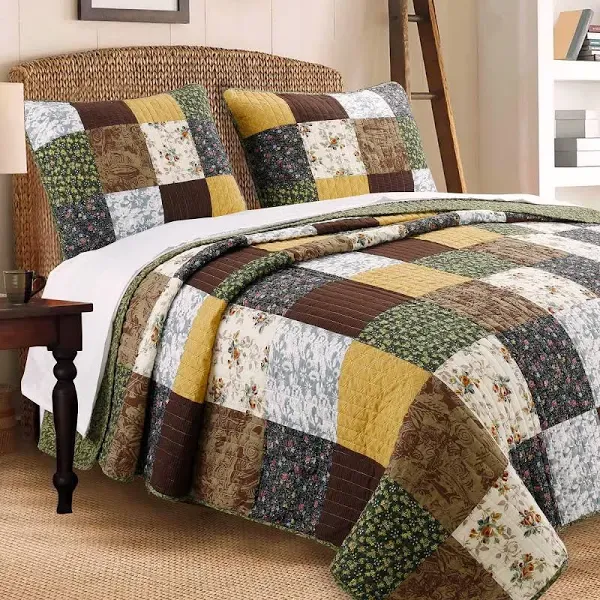 Olive Country Style Yellow Cotton Real Patchwork Quilt Bedding Set, Reversible C