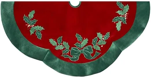 Kurt Adler 48" Velvet Red with Green Leaves Applique Treeskirt