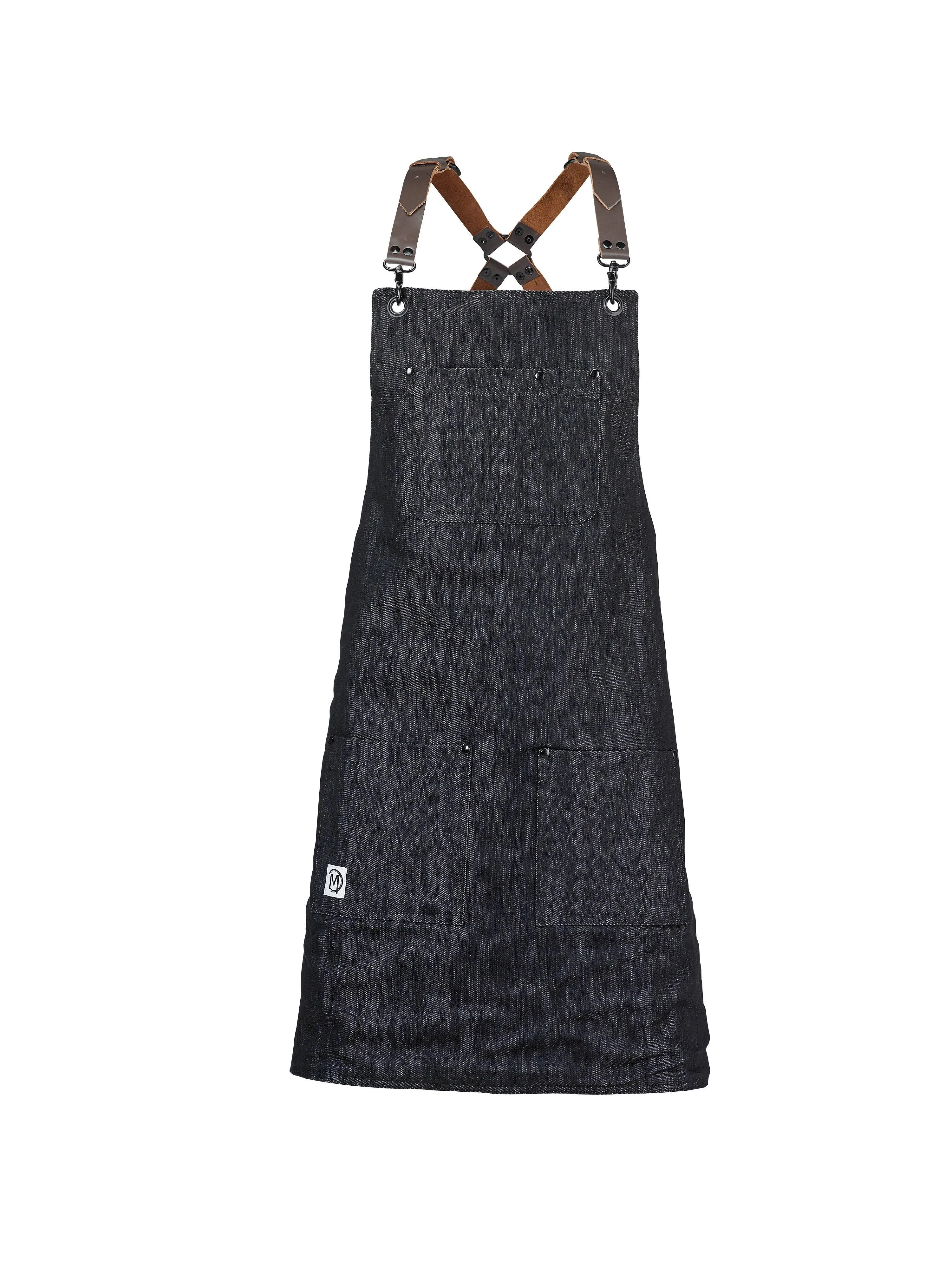 Mercer Culinary Metro Edge Server Renegade Black Denim with Brown Leather Straps Bib Apron