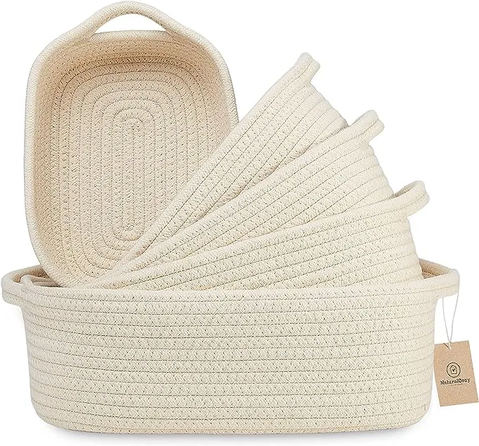 NaturalCozy 5-Piece Rectangle Storage Basket Set- Natural Cotton Rope Woven Baskets for Organizing! Small Basket for Montessori, Baby Nursery, Dog