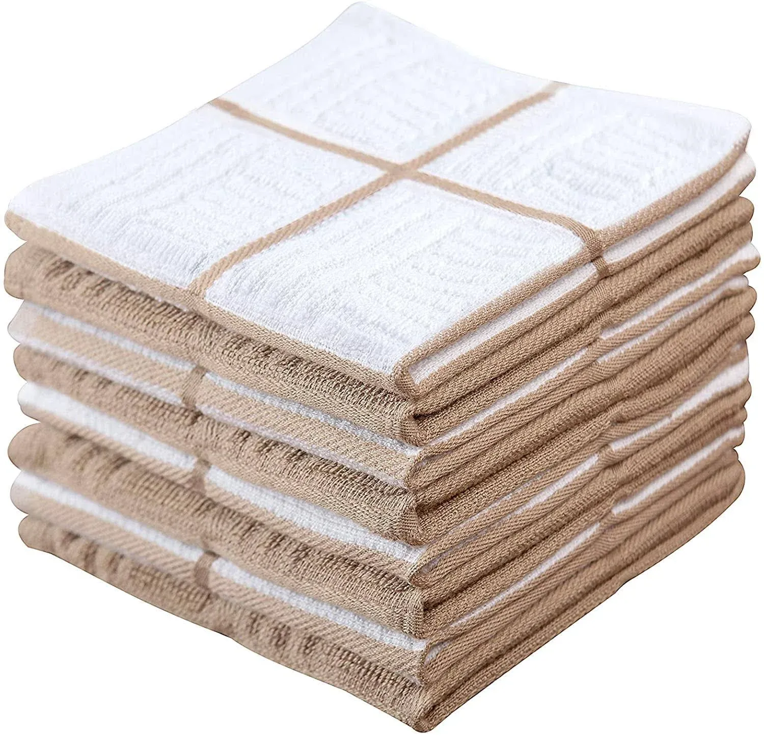 Sticky Toffee Kitchen Dishcloths Towels 100% Cotton, Set of 8, Tan and White Dish Cloth Towels, 12 in x 12 in