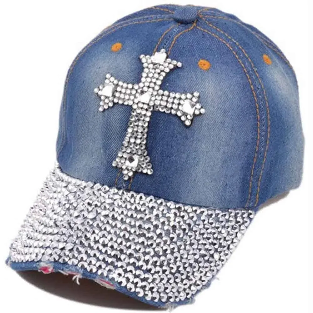 Top Headwear Studded Cross Denim Baseball Cap