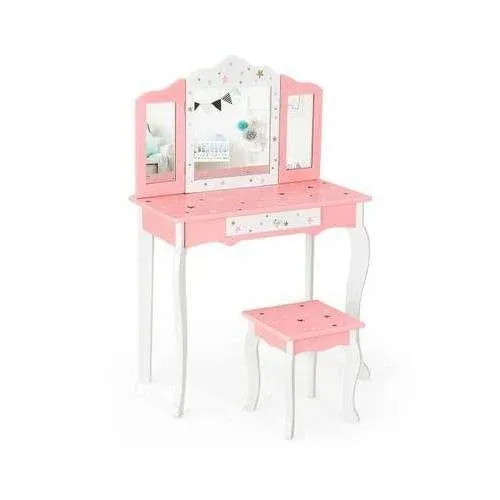 Costway Kids Princess Vanity Table and Stool Set with Tri-Folding Mirror and Drawer-Pink