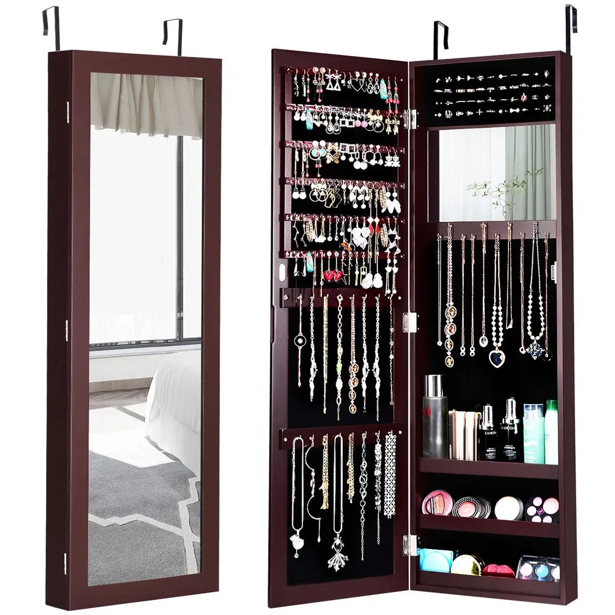 Costway MDF Board Wall/Door Mounted Mirrored Jewelry Cabinet in Brown