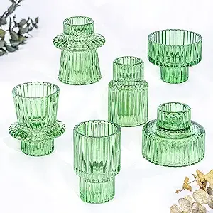 Marycele Candle Holder, Candlesticks Holders, Taper Candle Holders for Candle Sticks, Candle Stick Holder Set of 6, Glass Votive Candle Holders for Table Decor, Green Wedding Centerpieces for Tables