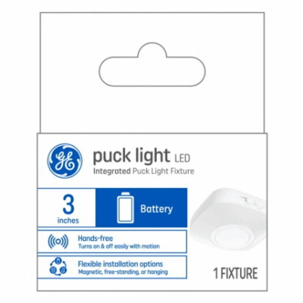 GE LED Cool White Battery Powered Light Fixture 3 inch Puck with Motion Sensor ...