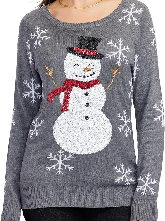 Women&#039;s Sequin Snowman Christmas Sweater - Gray Snowflake Embellished Christmas 