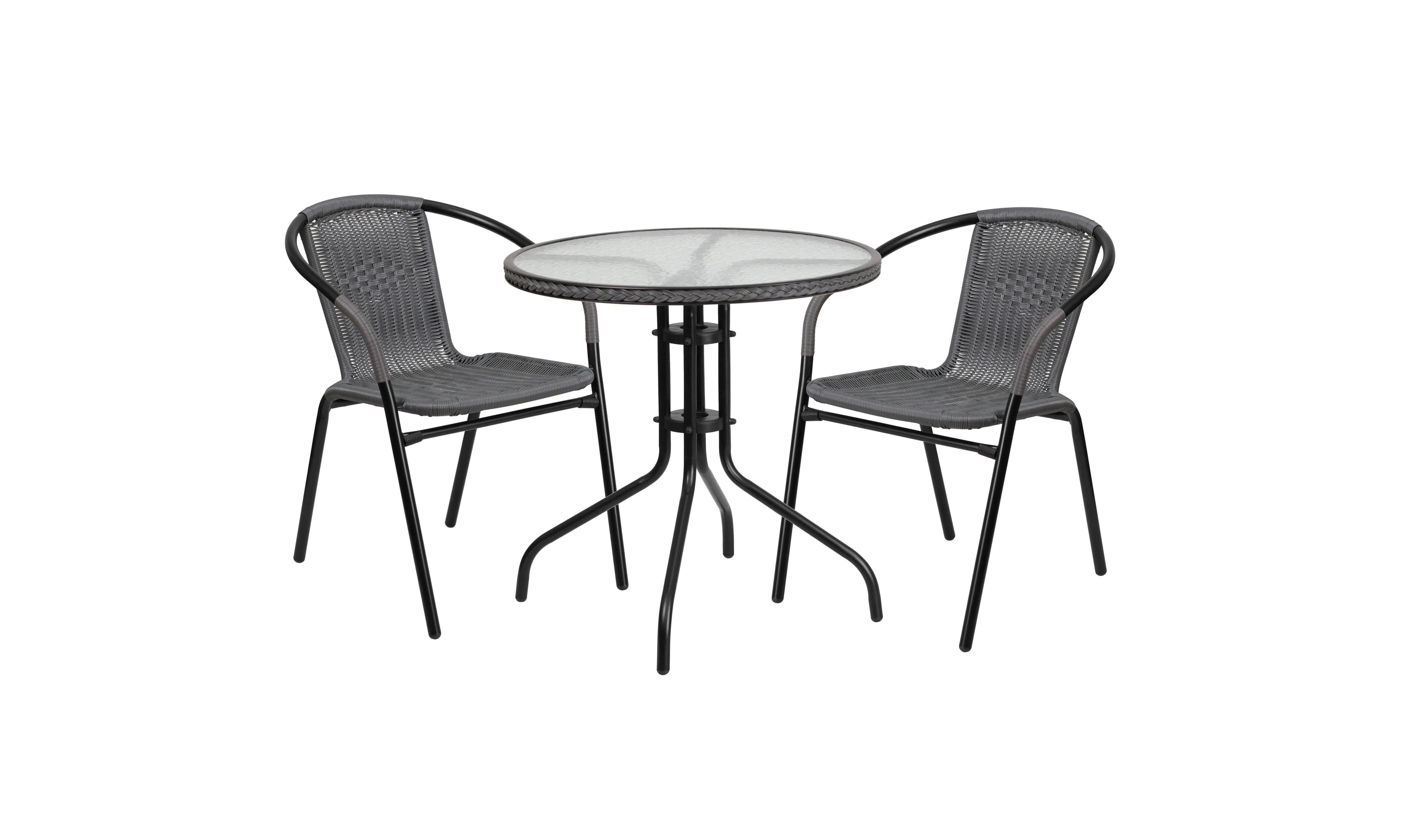 Flash Furniture Round Glass Metal Table with Rattan Edging and 2 Rattan Stack ...