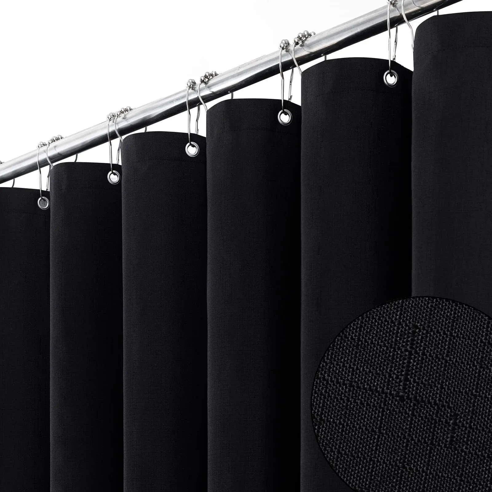 Black Fabric Shower Curtain - Linen Textured Heavy Duty Cloth Shower Curtain Set