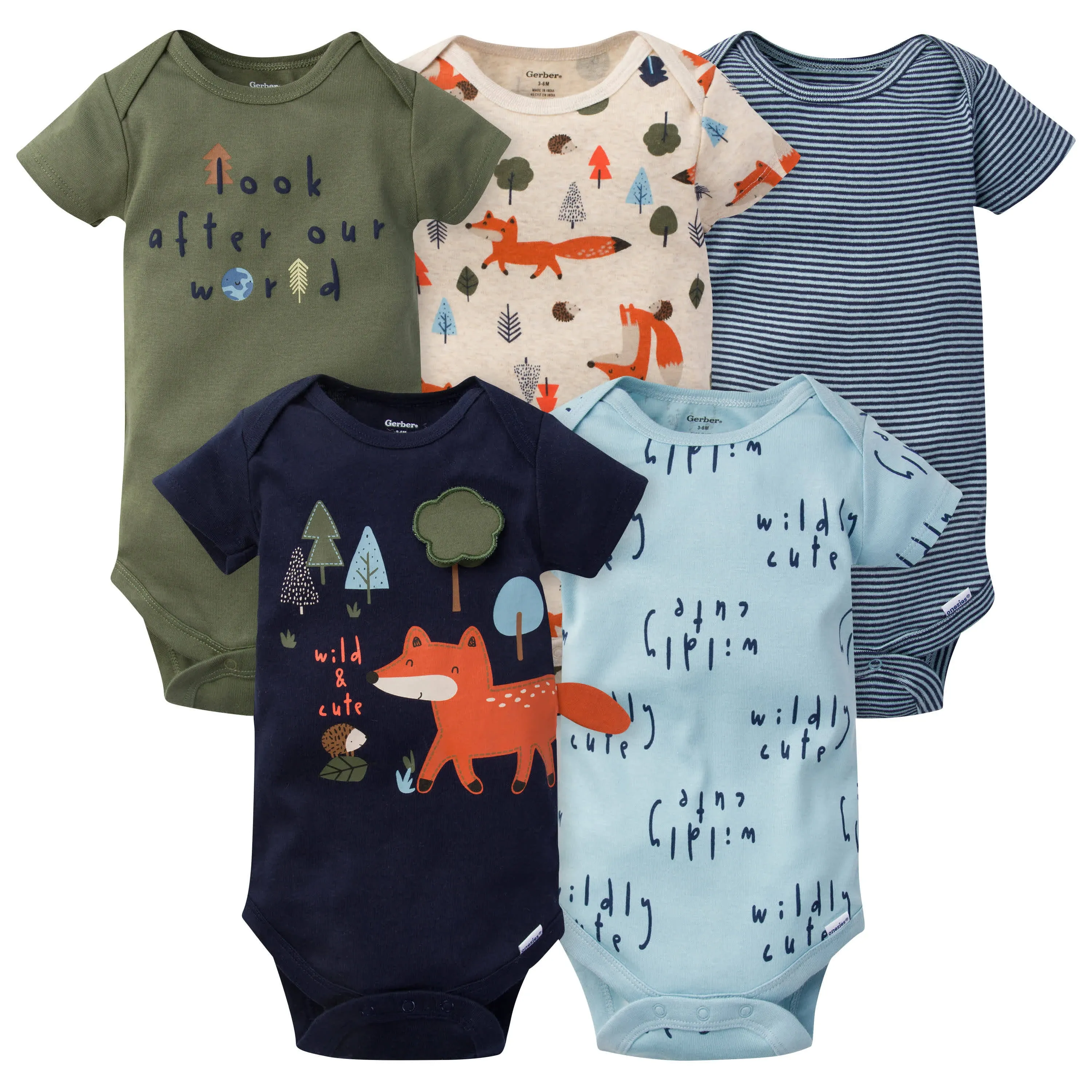 Gerber 5-Pack Baby Boys Fox Short Sleeve Onesies Bodysuits - 6-9mo