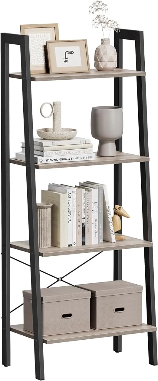 VASAGLE Ladder Shelf, 4-Tier Bookshelf, Storage Rack, Bookcase with Steel Frame, for Living Room, Home Office, Kitchen, Bedroom, Industrial Style, Rustic Brown and Black ULLS44X