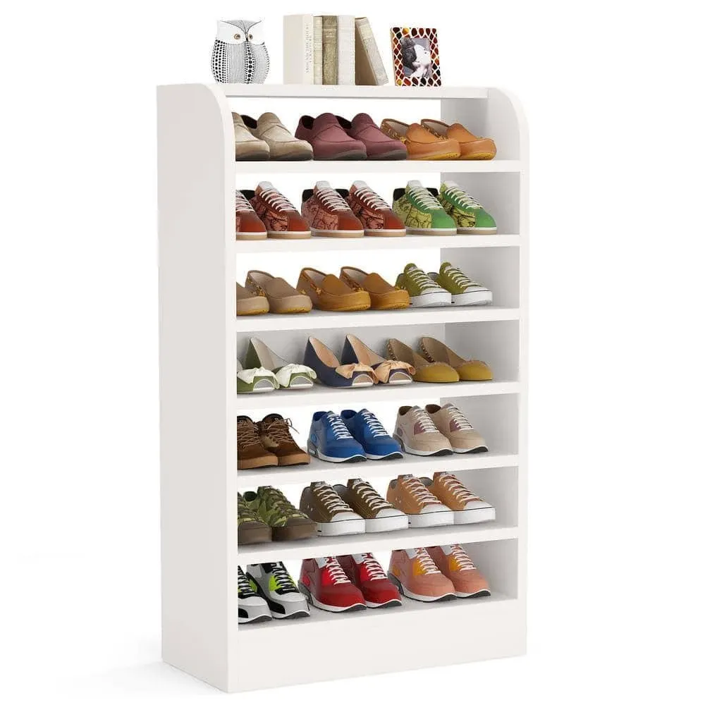 Freestanding Adjustable shelves 7-Tier White Wood Shoe Storage Tower 21-Pair