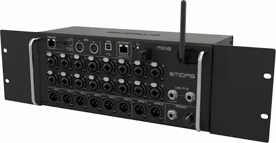 Midas MR18 18-Input Digital Mixer for iPad/Android Tablets with 16 Midas PRO Preamps, Integrated Wifi Module and Multi Channel USB Audio Interface