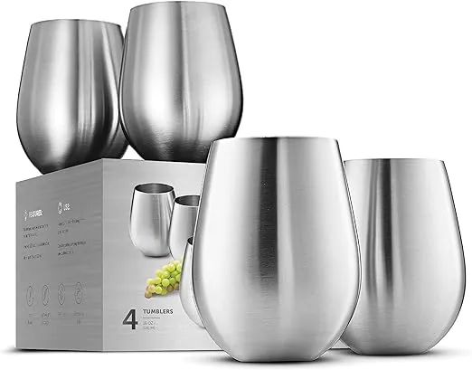 18oz Stainless Steel Stemless Wine Glass Set of 4 - Unbreakable, Portable for Outdoor Events