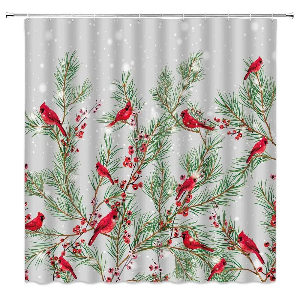 Christmas Red Bird Shower Curtain Merry Christmas Winter Holiday Watercolor Bird