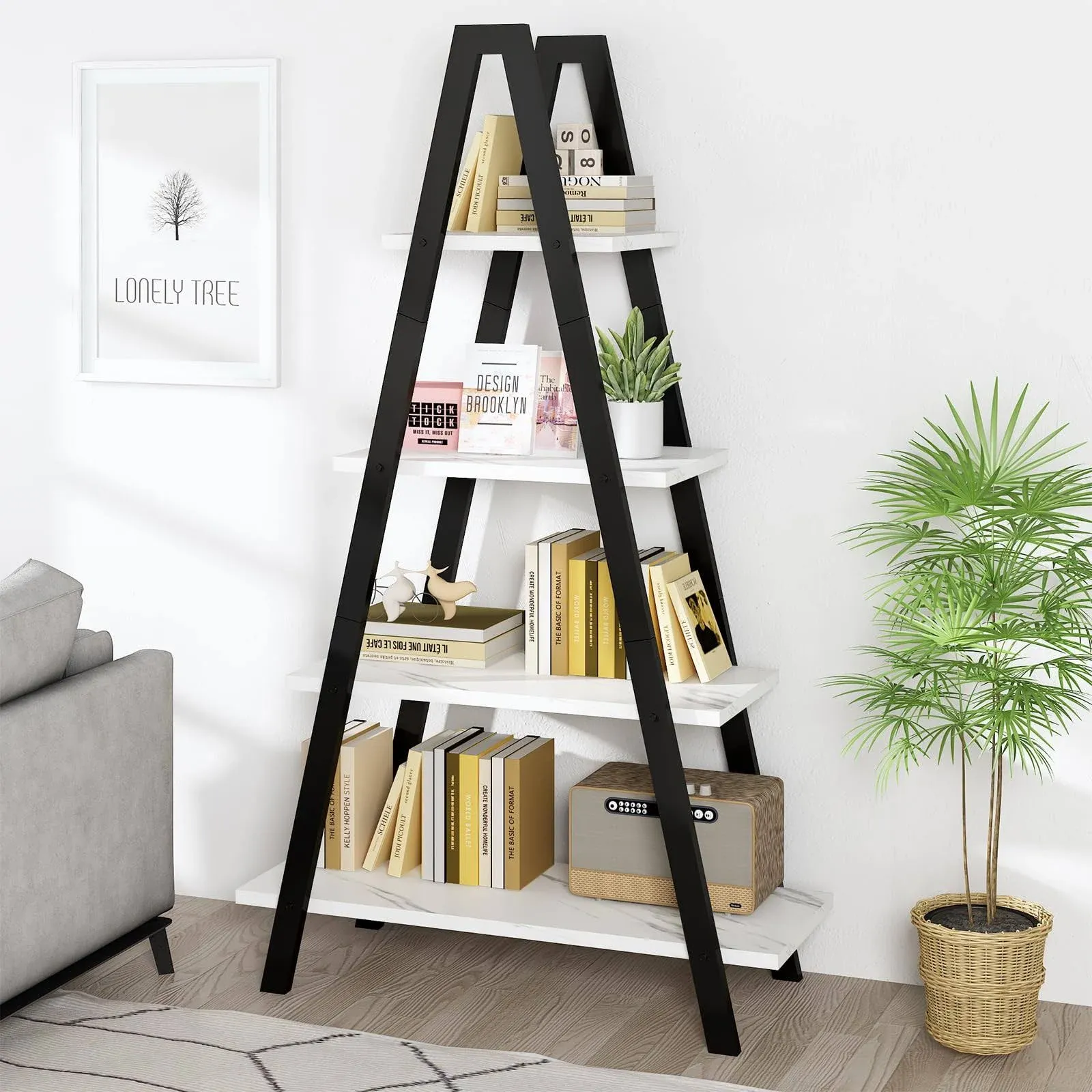 Recaceik 4-Tier Bookshelf A-shaped Bookcase Industrial Ladder Shelf Open Display Shelves with Metal Frame