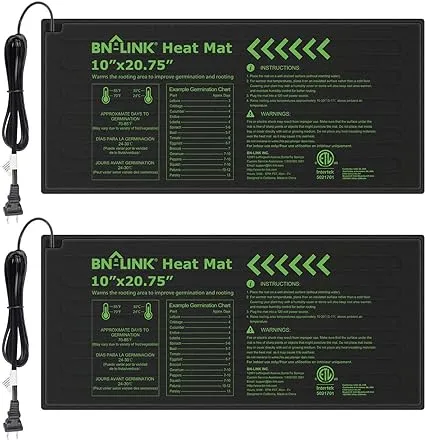 BN-LINK Durable Seedling Heat Mat Warm Hydroponic Heating Pad Waterproof 10" x 20.75" - 2 Pack for Seed Starting Greenhouse and Germination