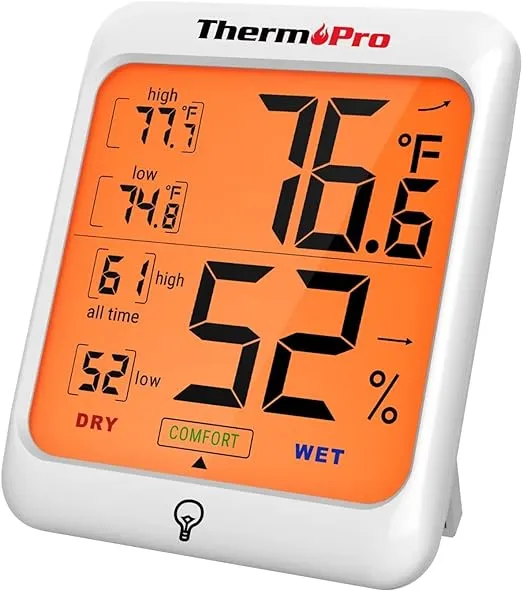 ThermoPro TP53 - Termómetro higrómetro digital para interiores, para el hogar, sensor de humedad de temperatura con indicador de comodidad y registros mínimos máximos, termómetro de habitación con pantalla de fondo, medidor de humedad, LCD