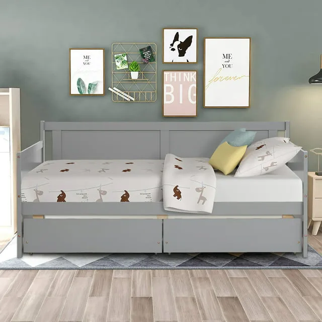 Daybed Bed for Kids Room, Farmhouse Twin Captain's Bed with Trundle and 2 Storage Drawers, Solid Wood Daybed Bed with 10 Slats Strong Support, Modern Twin Kids Daybed for Bedroom, 200lbs, Grey, S329