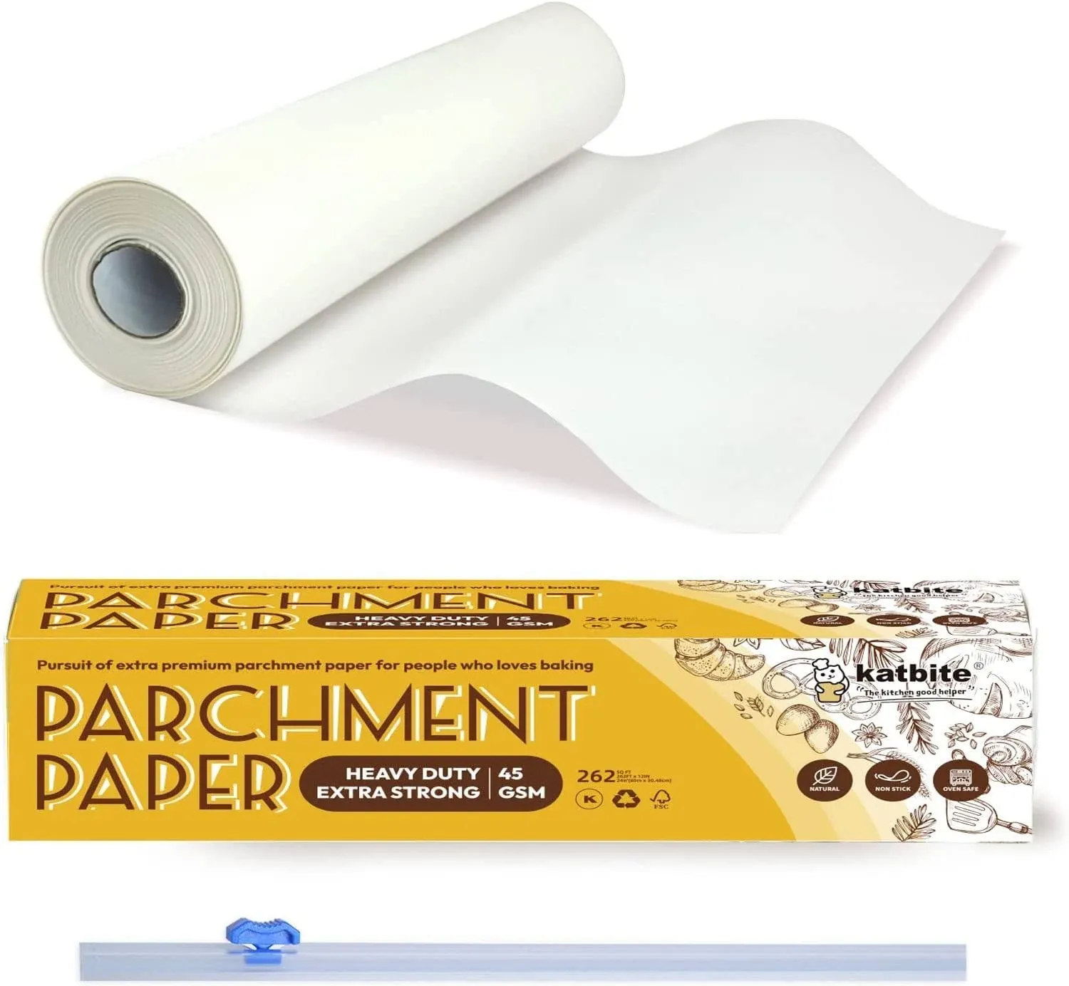 Unbleached Parchment Paper Roll for Baking 12in x 262ft, 260 Sq.Ft, Heavy Duty & Non-stick Baking Paper with Slide Cutter, Brown Parchment Paper for Cooking, Air Fryer, Steaming, Bread