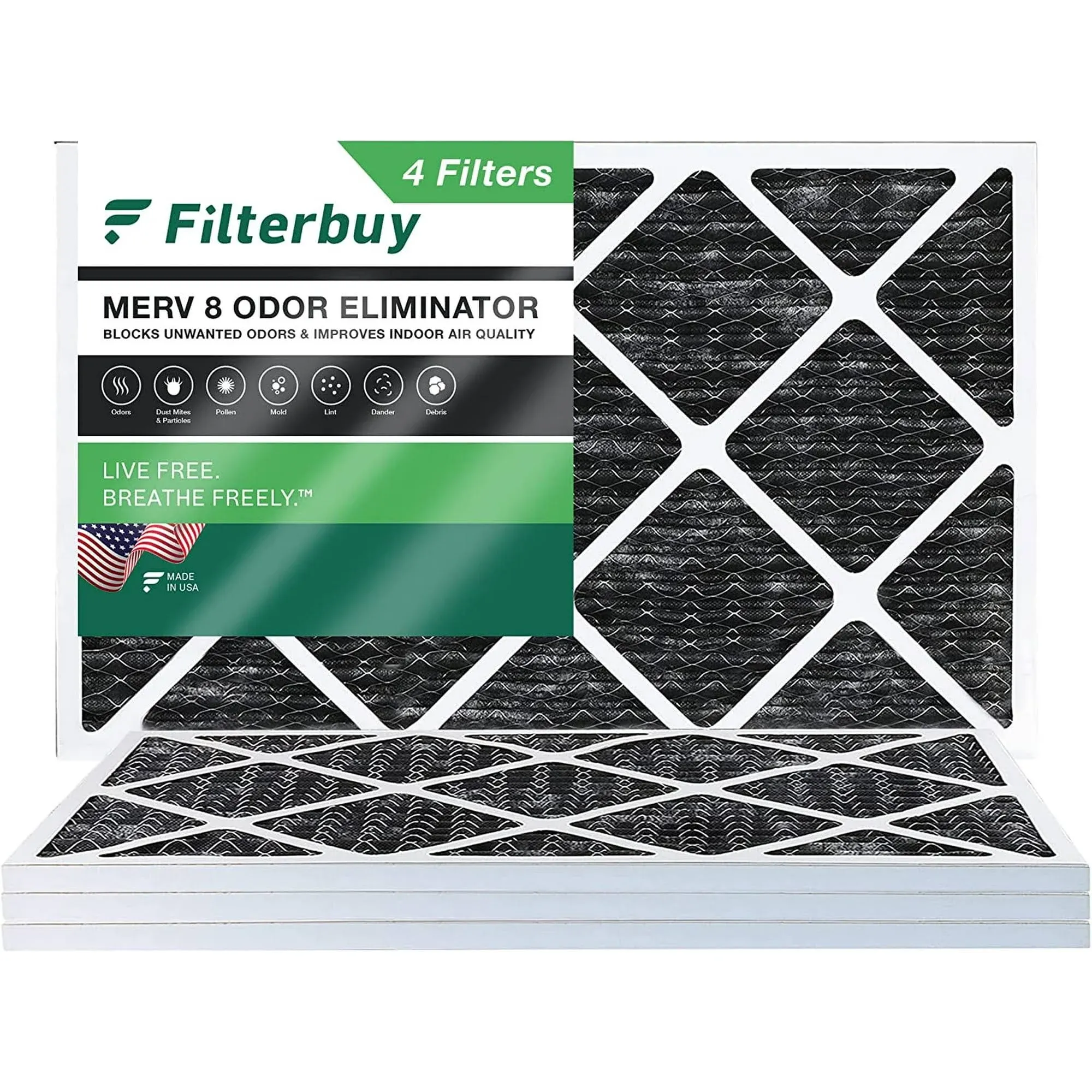 Filterbuy 14x25x1 Air Filter MERV 8 Odor Eliminator (2-Pack), Pleated HVAC AC Furnace Air Filters Replacement with Activated